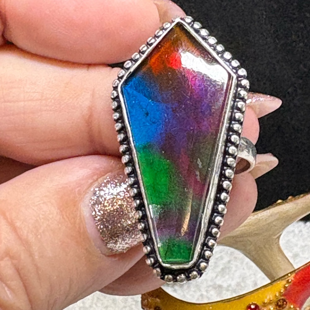 Multicolor lab created fire labradorite Sterling Silver Statement Ring